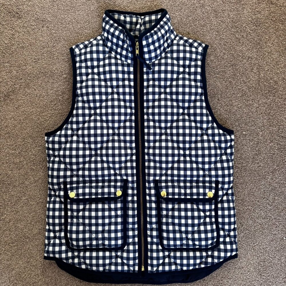 J.Crew Gingham Puffer Vest Blue White Gold Snap Down Vest Small SP16